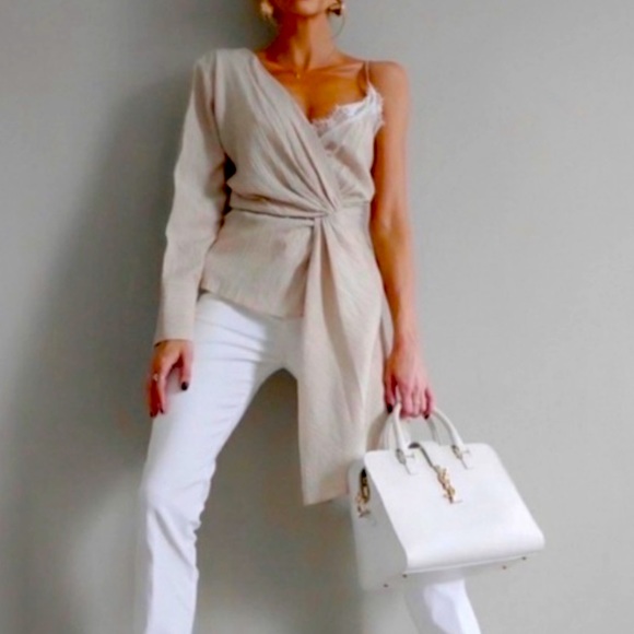 New Zara Beige Tan Asymmetrical Cami V Neck Lace One Shoulder Blouse Top - Picture 2 of 16